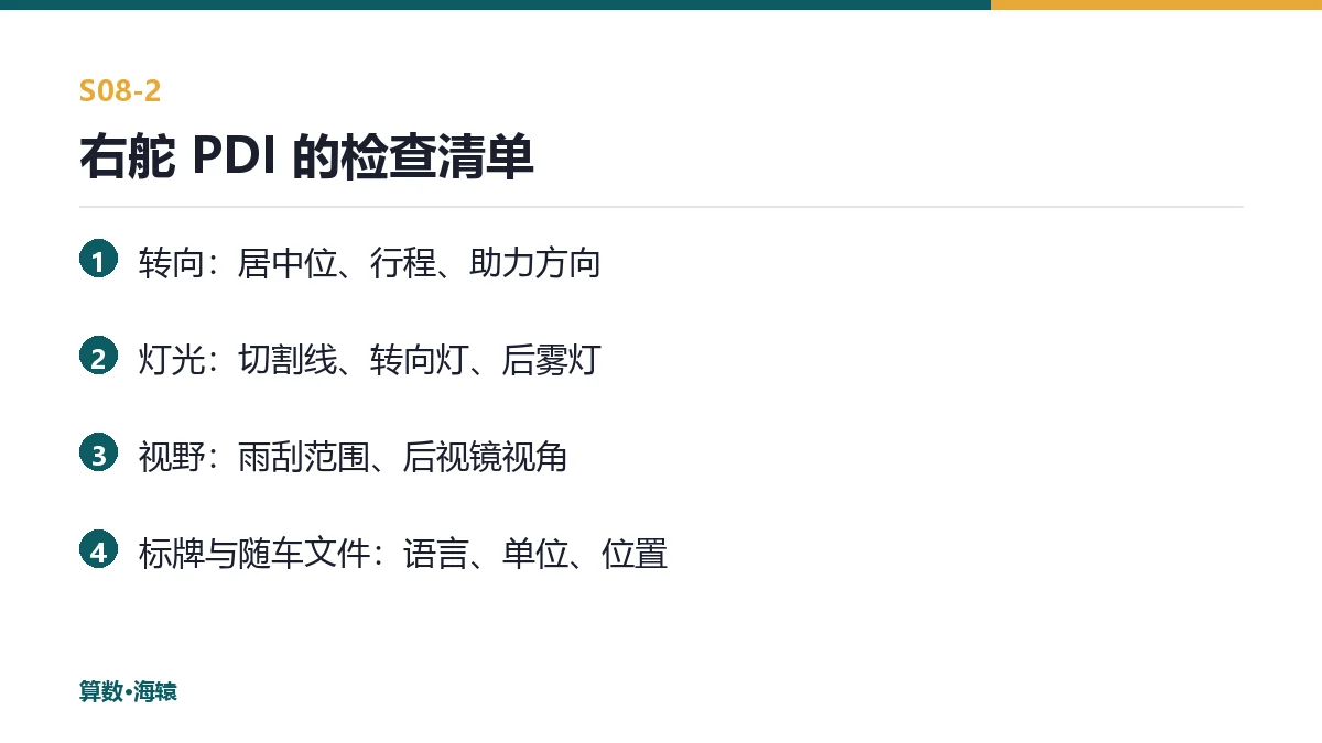 右舵 PDI 的检查清单